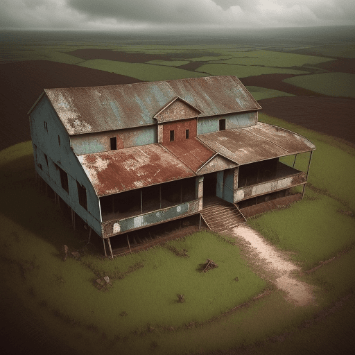 AI generated: Crie uma ilustração que retrate em close- UP a atmosfera assustadora da fazenda abandonada 'Mc Rich'...