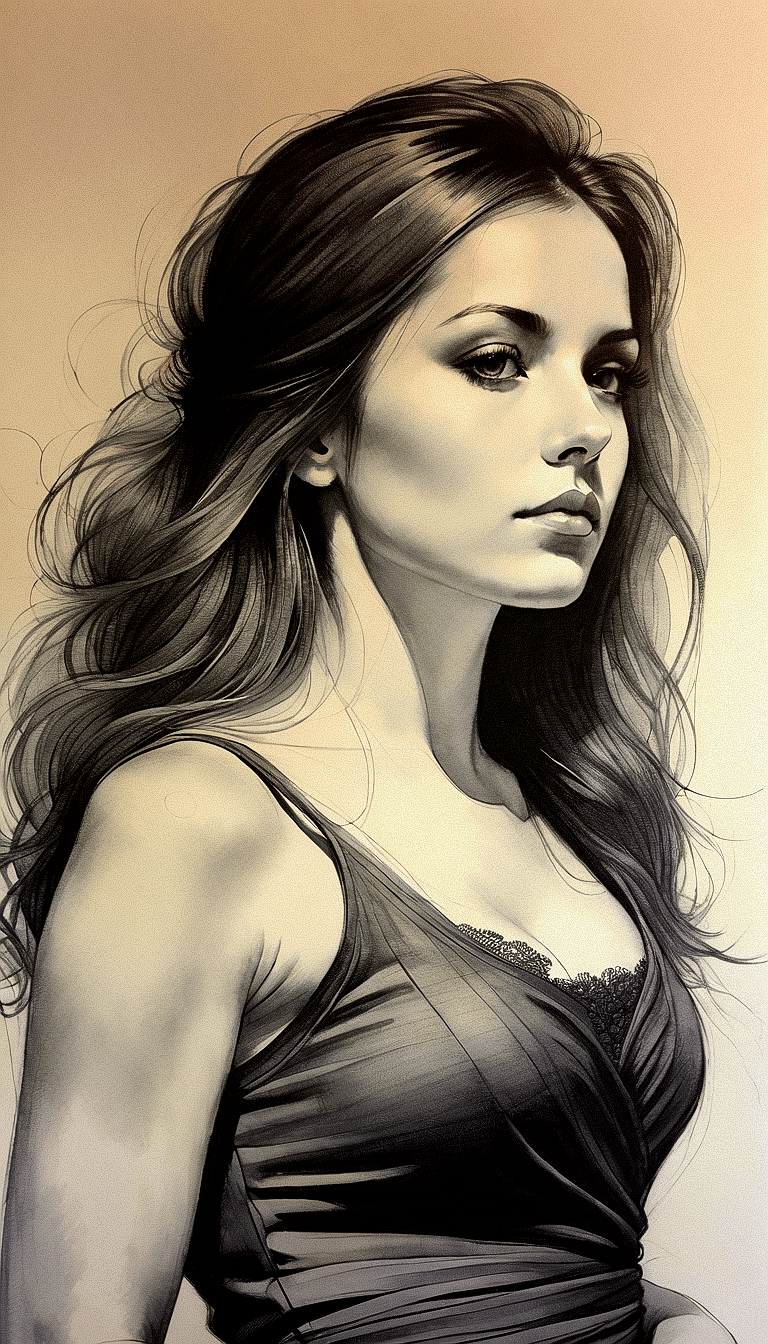 AI generated: "A close-up, monochrome, pencil charcoal sketch of Spanish woman. medium hair style, sitting helples...