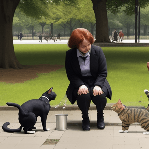 AI generated: A dog watching a cat drinking water in the park, with the owner behind the dog also looking on