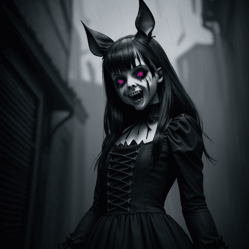 AI generated: (a girl) , (wearing a gothic dress) , (dark alley) , (night) , (raining) , (fangs, sharp teeth) , bl...