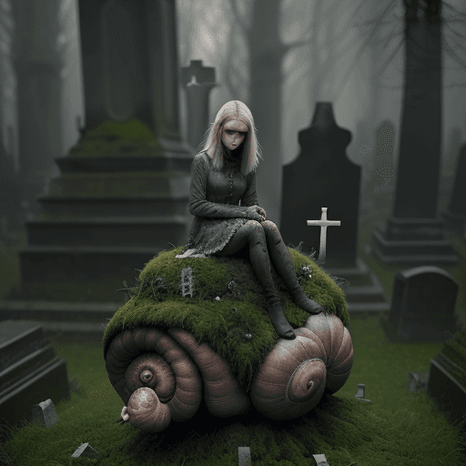 AI generated: a girl sasha luss sitting on top of giant (snail), surrounded by ancient cemetery graves and detaile...