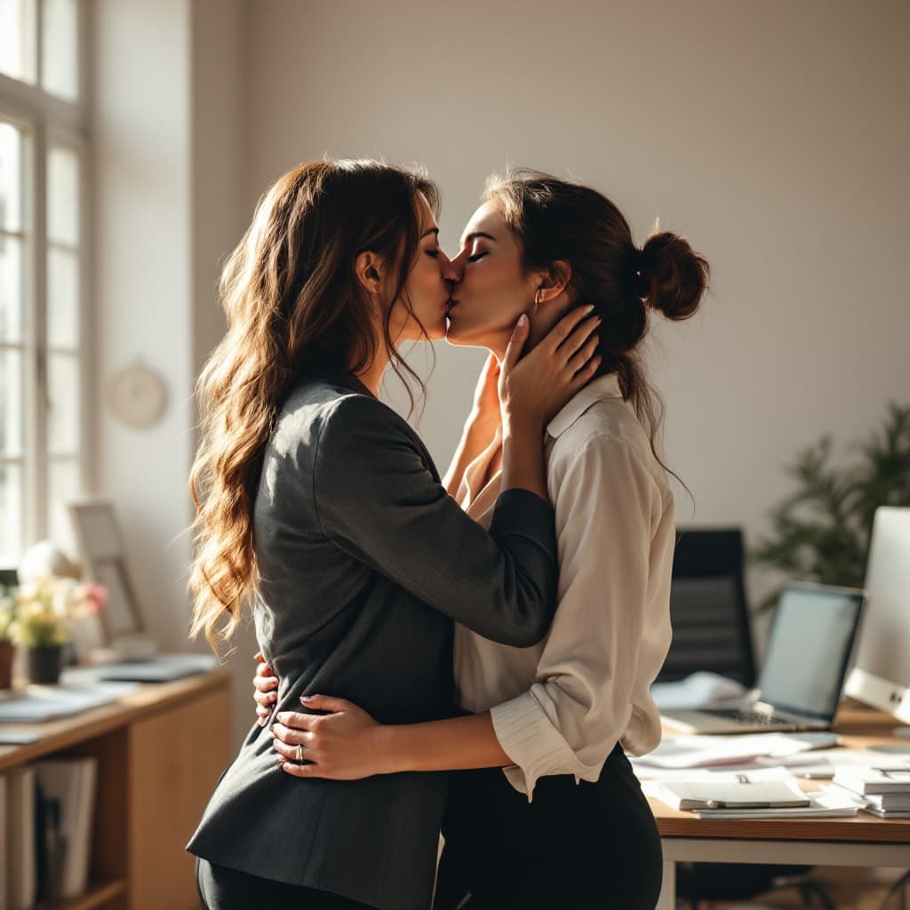 AI generated:  Two lesbian women sharing a passionate kiss in an office, standing by a desk. One woman holds the o...
