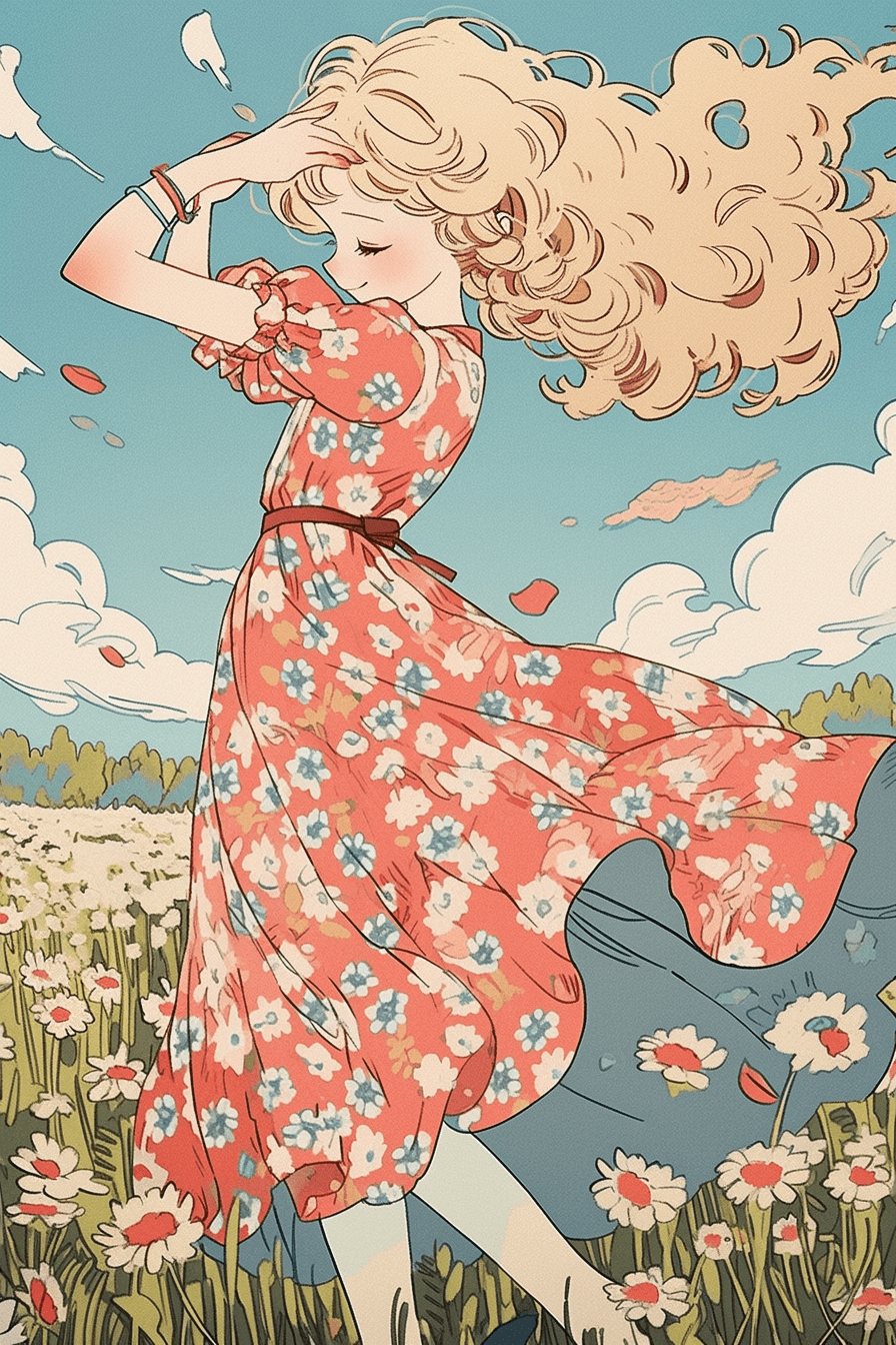 AI generated: a young girl with curly blonde hair and bright blue eyes, wearing a flowy pink silk dress, is dancin...