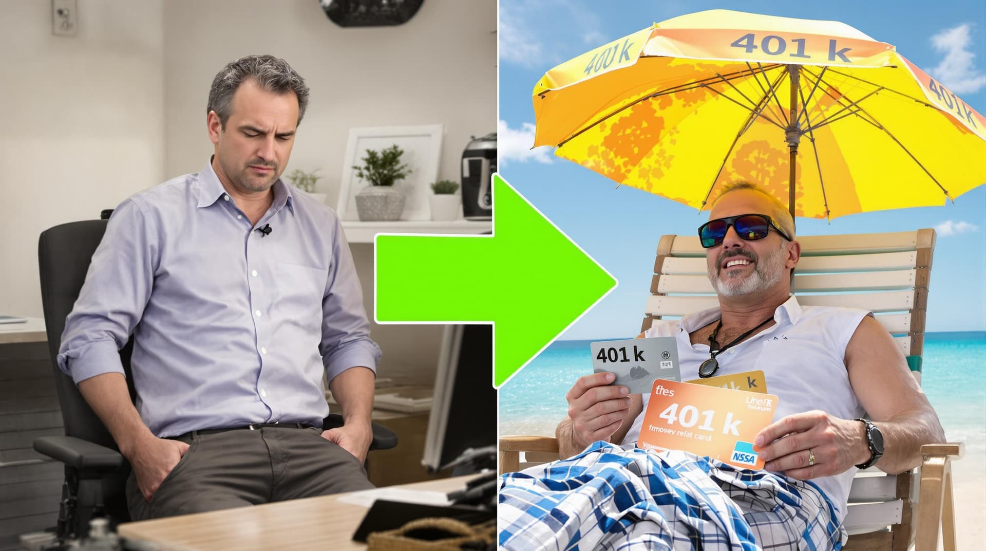 AI generated: Split image: left side shows a stressed-out man with empty pockets sitting at a desk, right side sho...