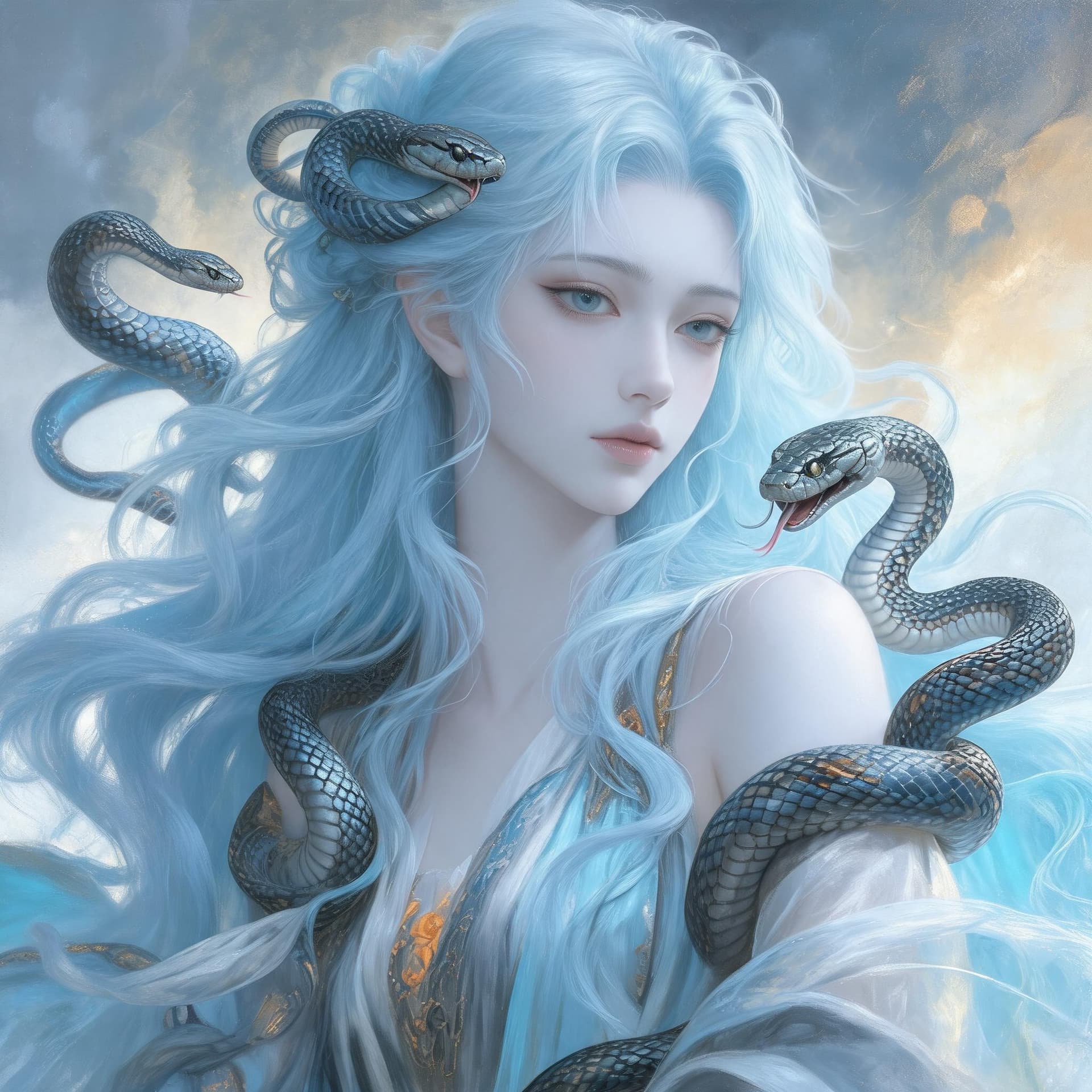 AI generated: images of a young woman, with long flowing light blue hair. with her deadly snakes, in the style of ...