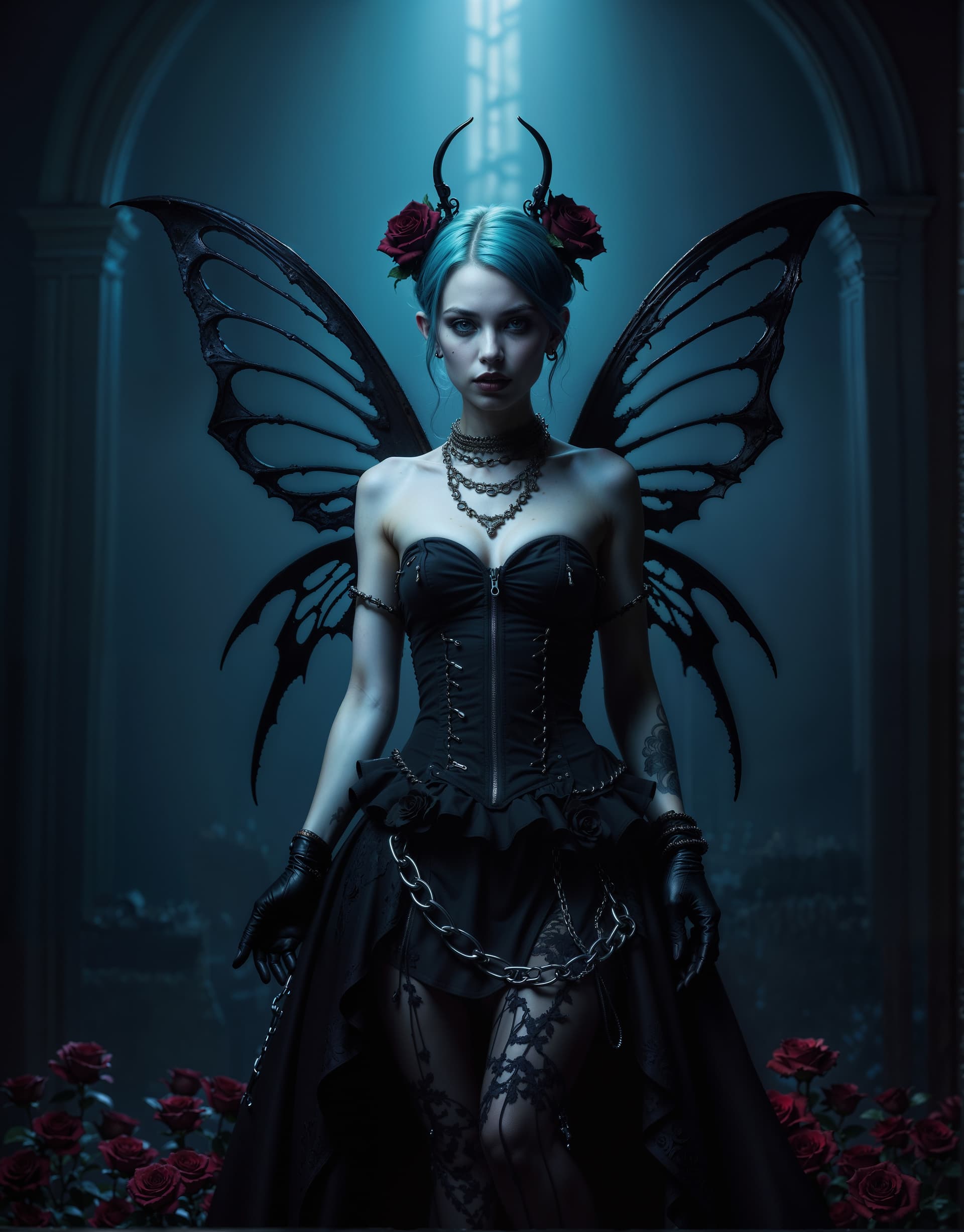 AI generated: a full body photo shot of a (gothic) punkrock, influenced by "Tinker Bell" with black gothic wings, ...