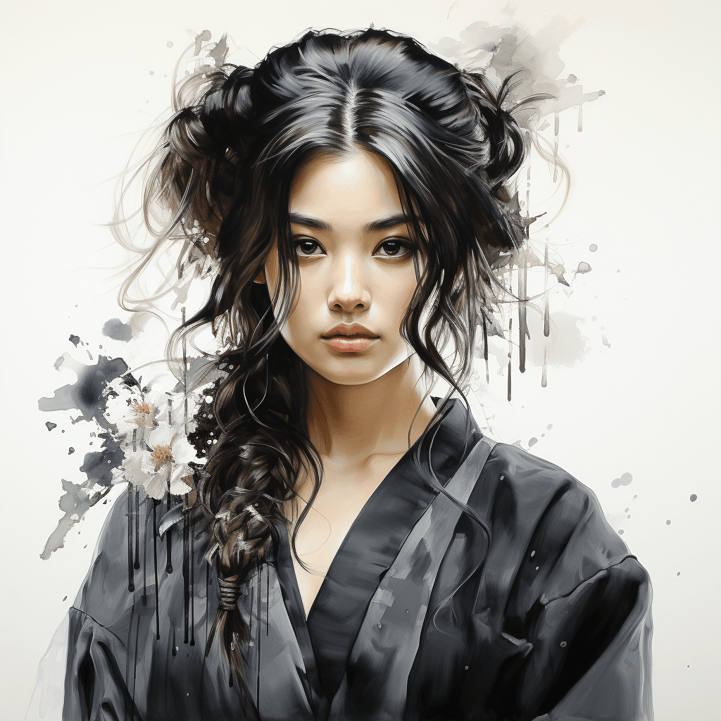 AI generated: black and white Japanese ink drawing, beautiful Japanese woman in a traditional kimono, --q 2 --s 75...