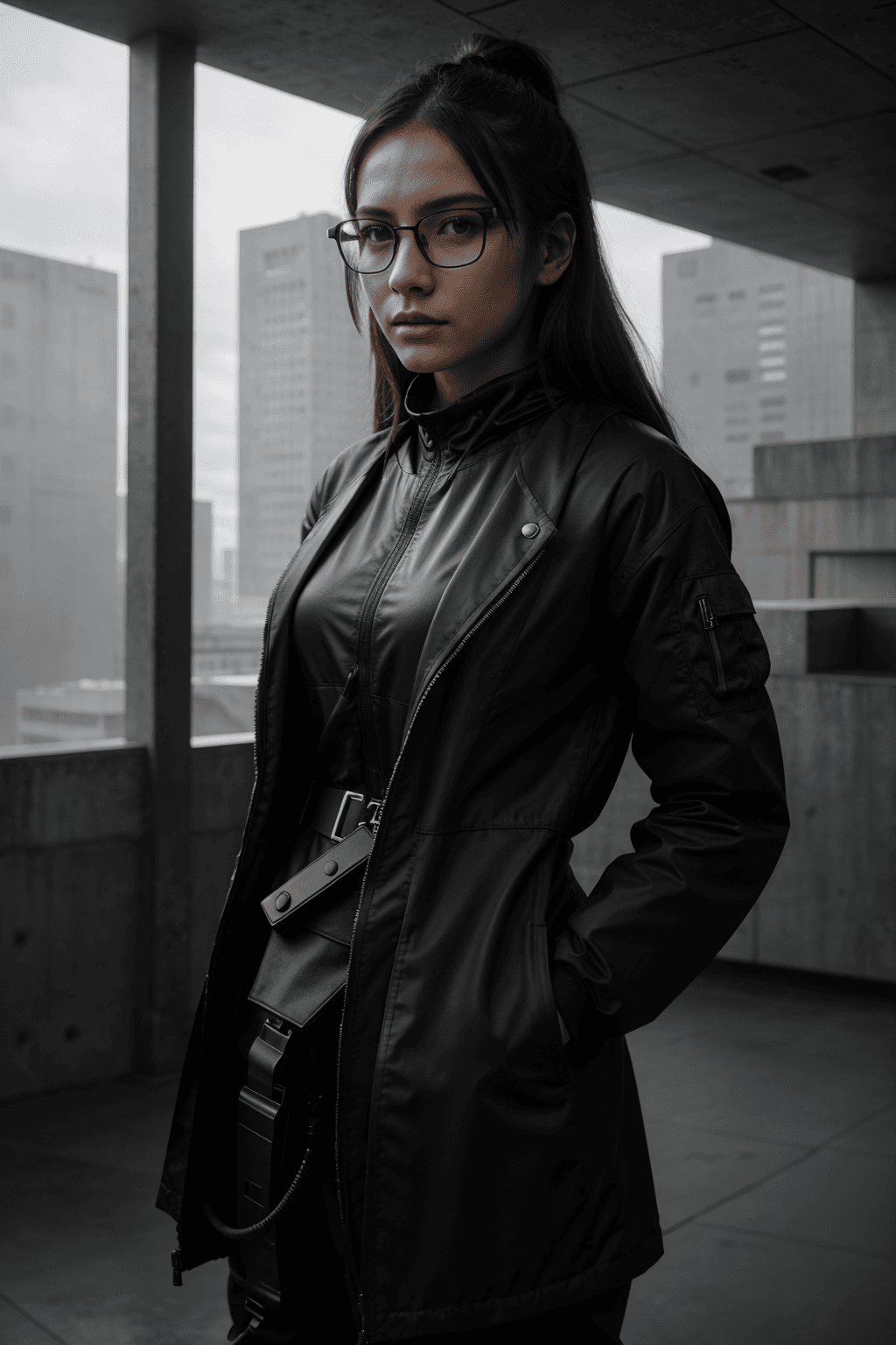 AI generated: (top quality:1), 1girl, solo, glasses, beauty, brutalist architecture, dark theme, techwear, future ...