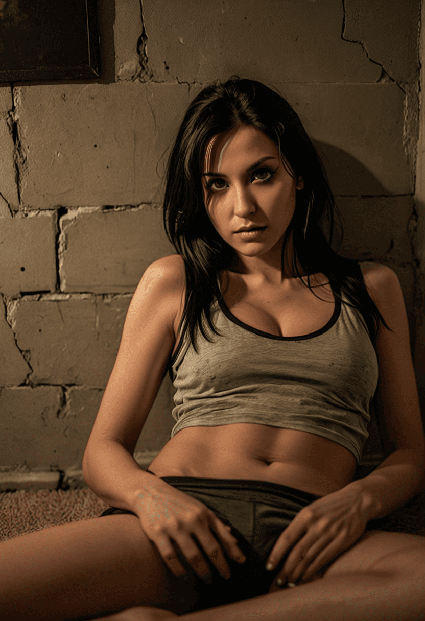 AI generated: photograph of a woman lying on the floor up against a wall in her home late at night, long black hai...