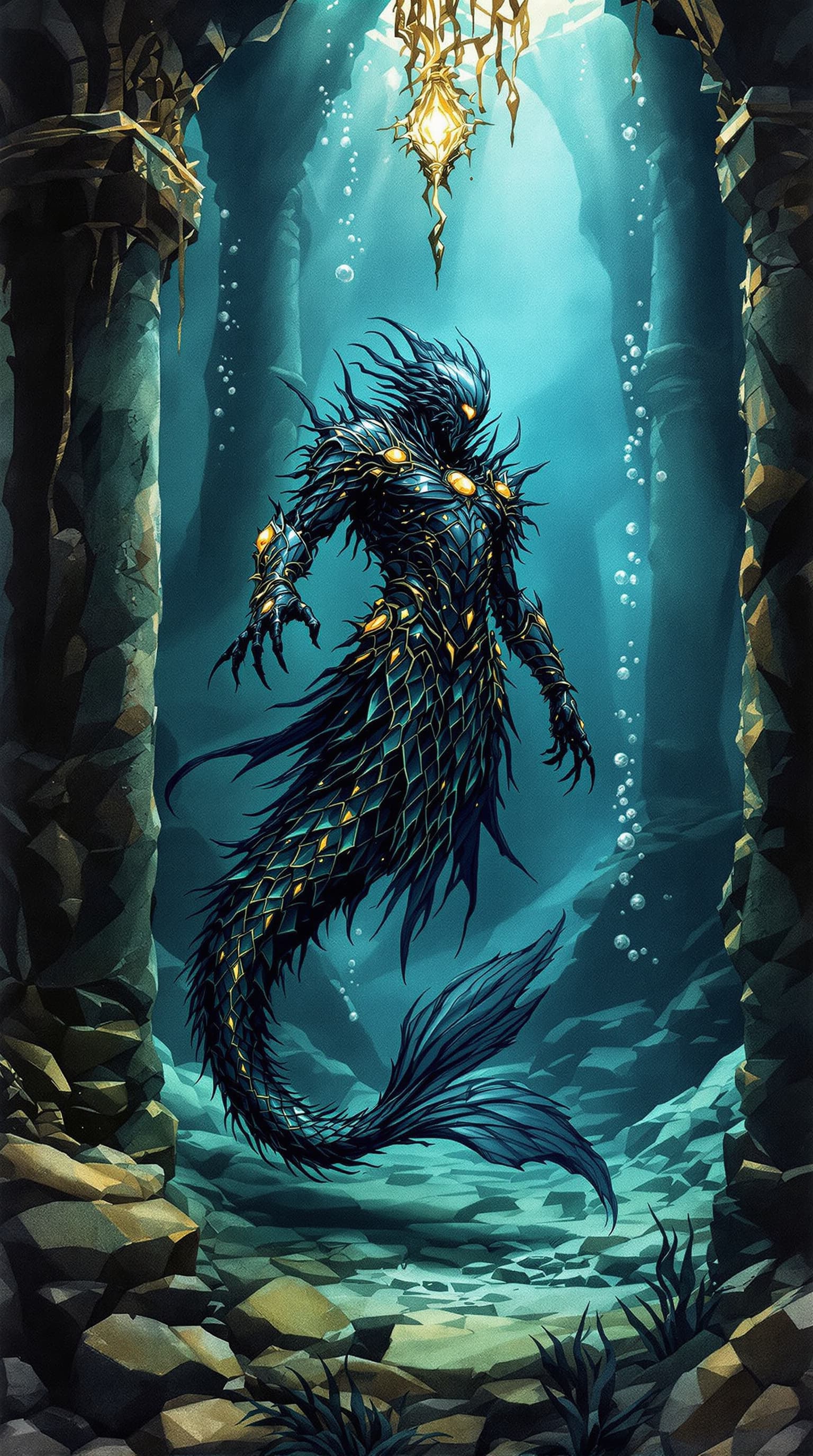 AI generated: Image is a cinematic, moody watercolor ink wash illustration featuring, underwater, verdigris, whims...