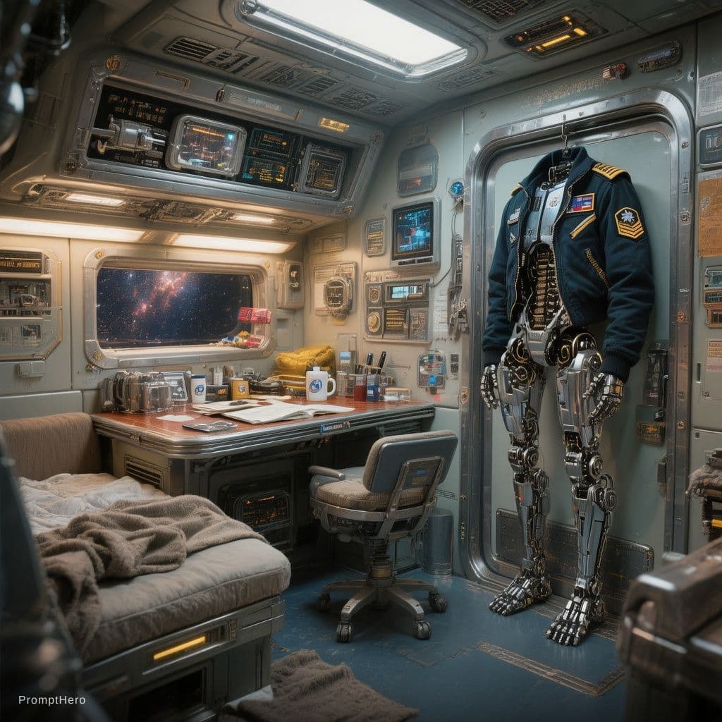AI generated: Spaceship looks loved in . Pictures and coffee mugs dirty cloths un made bedbunks table with clutter...