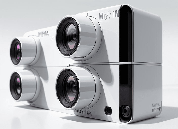 AI generated: Four slim cameras, on a glossy white surface, front view, hyper realistic, highly detailed, 8K, idea...