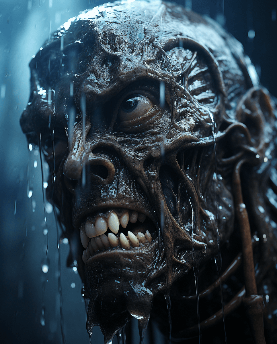 AI generated: Zombie Xenomorph, water drops, nathan wirth, dean cornwell, toni frissell, hyperrealistic, intense g...