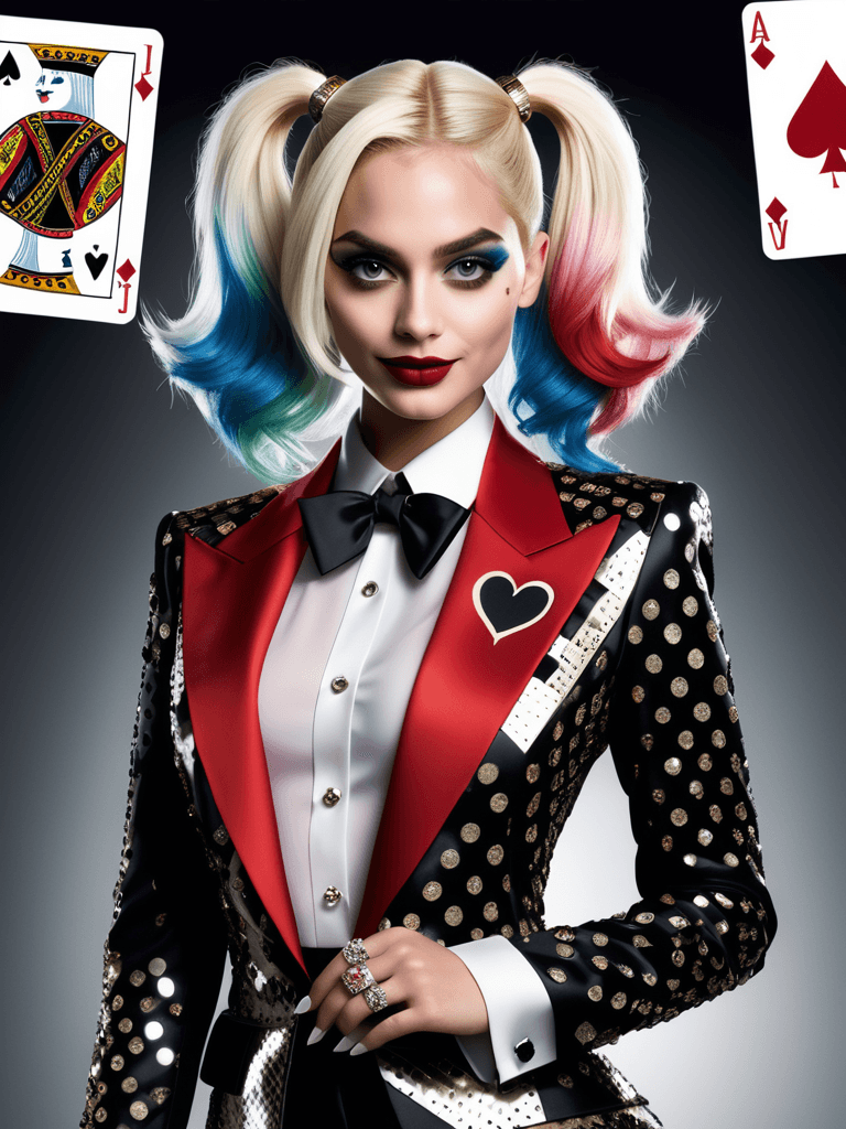 AI generated: A photorealistic portrayal of the fictional character Harley Quinn as a high-fashion model,donning a...