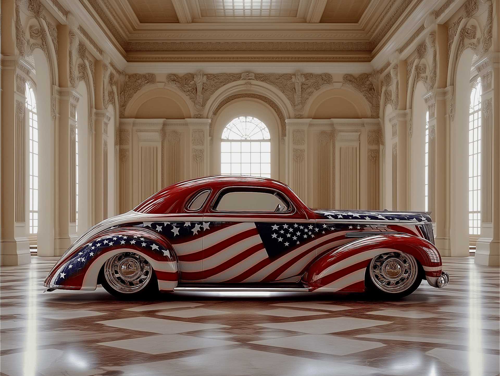 AI generated: A realistic, front side angle photo of chopped and slammed custom, streetrod in a showroom with Patr...