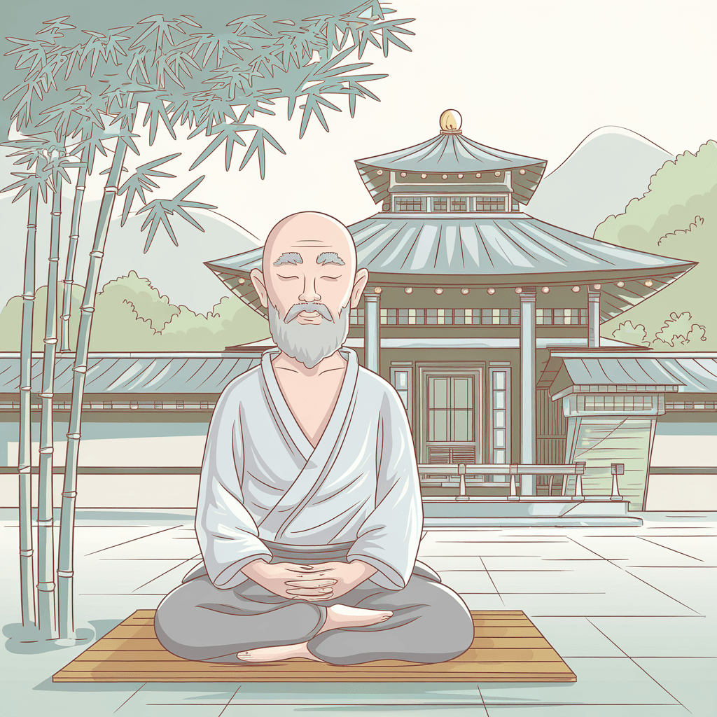 AI generated: A serene Zen temple nestled in the mountains, illustrated in a stylized cartoon aesthetic. The wise,...