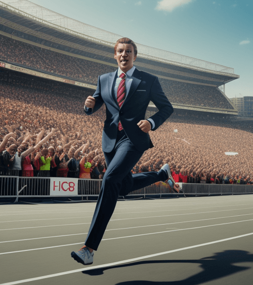 AI generated: Man in suit sprinting towards a finishing line, crowds gather to cheer for him! soft focus, SLR imag...