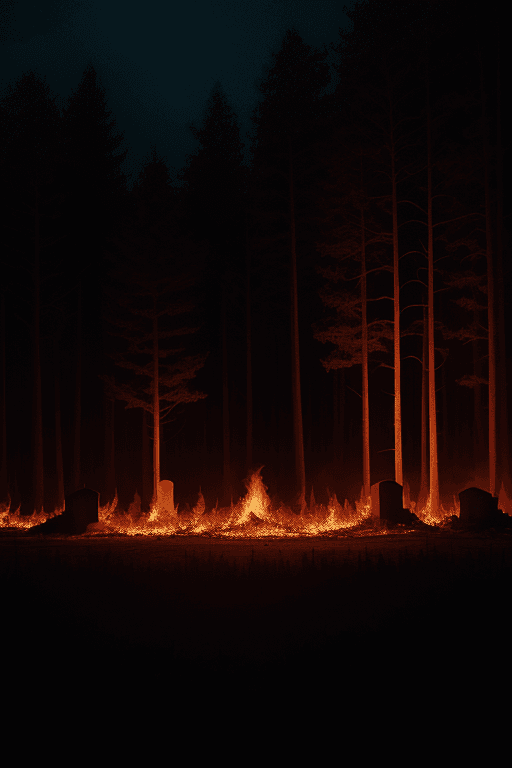 AI generated: burning forest, night, boar, graves, 