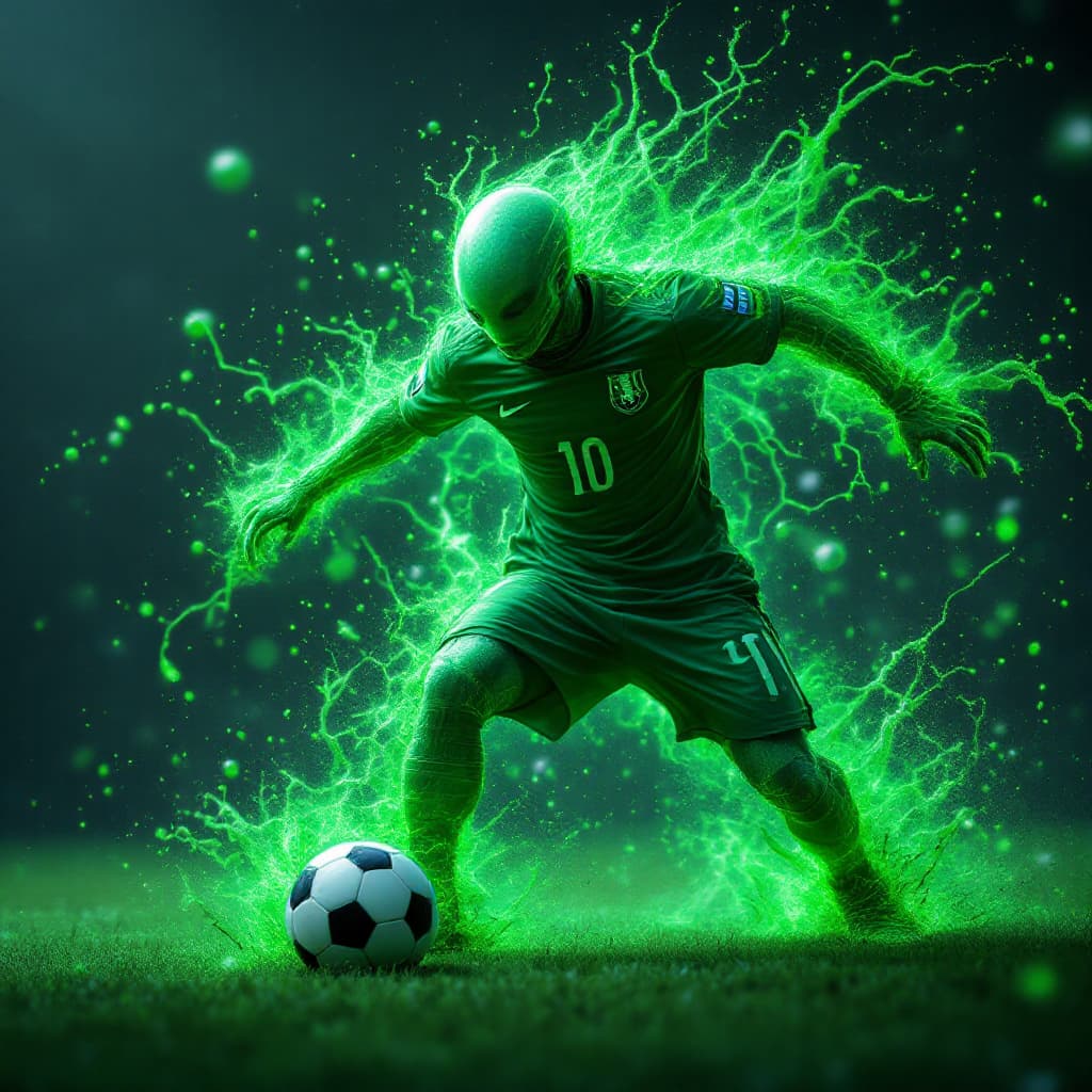 AI generated: Lionel Messi playing football around a green martian, 8k, HD, nanites, volumetric lighting
