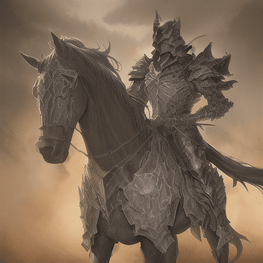 AI generated: (skull), (horseman of the apocalypse Hunger), armor, weapon, helmet with a horse tail, in style of f...