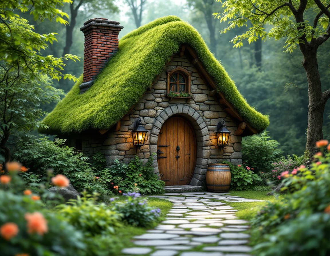 AI generated: A photo realistic moss-covered stone cottage nestled in a lush green forest. The cottage features a ...