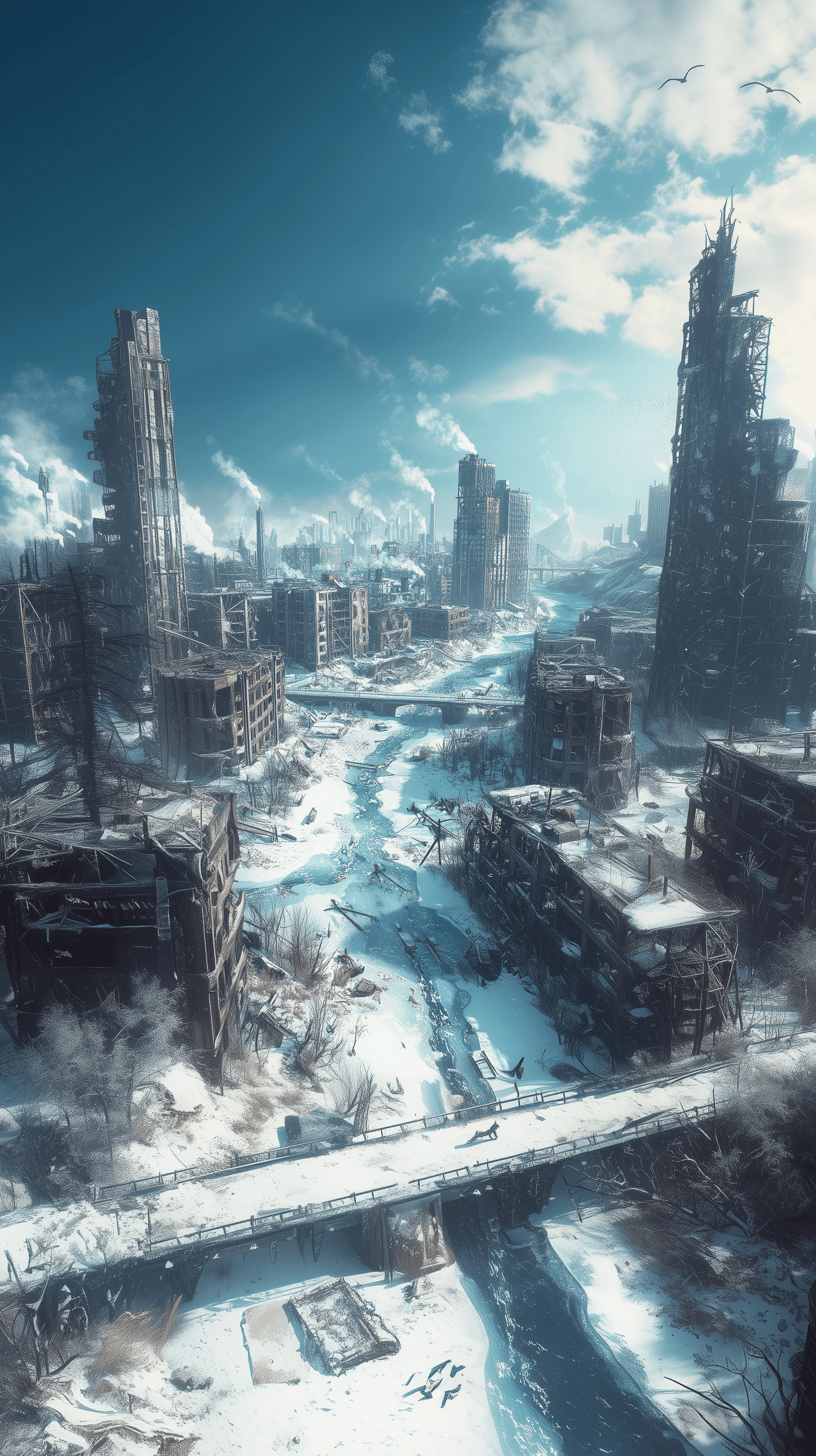 AI generated: game concept environment art, long range, post-apocalyptic cityscape with deserted urban areas cover...