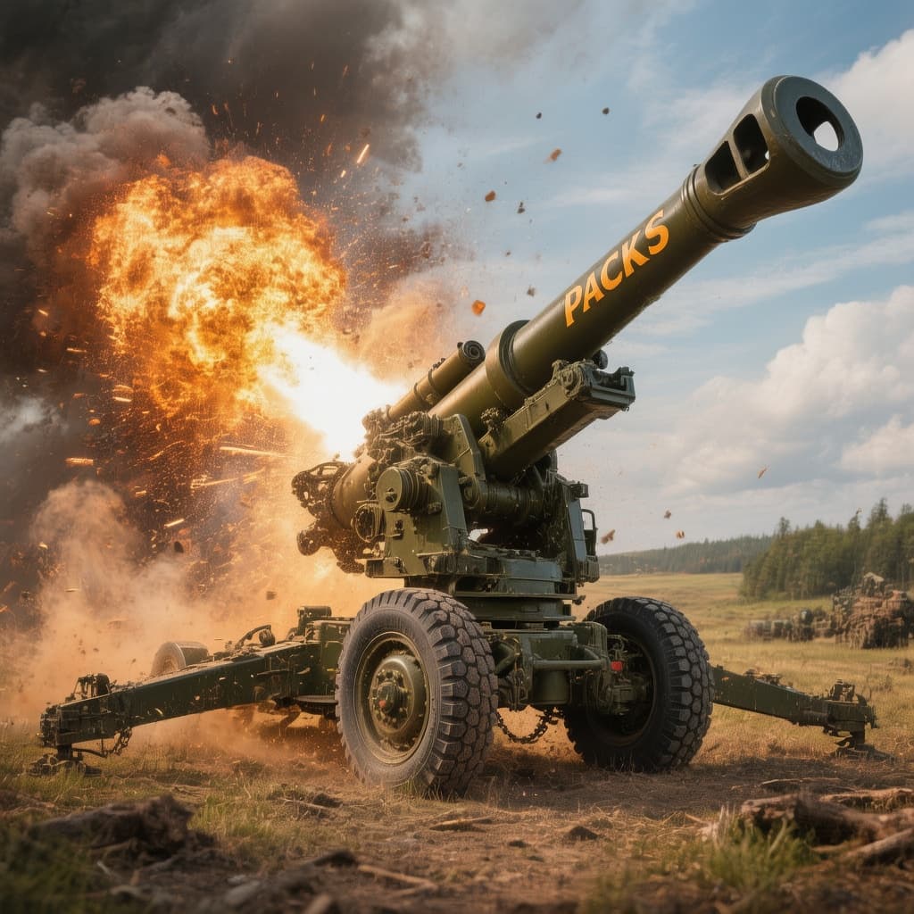 AI generated: create satu prompt menunjukkan artilleri sedang menembak dengan effect yang epic. change to 105mm Pa...