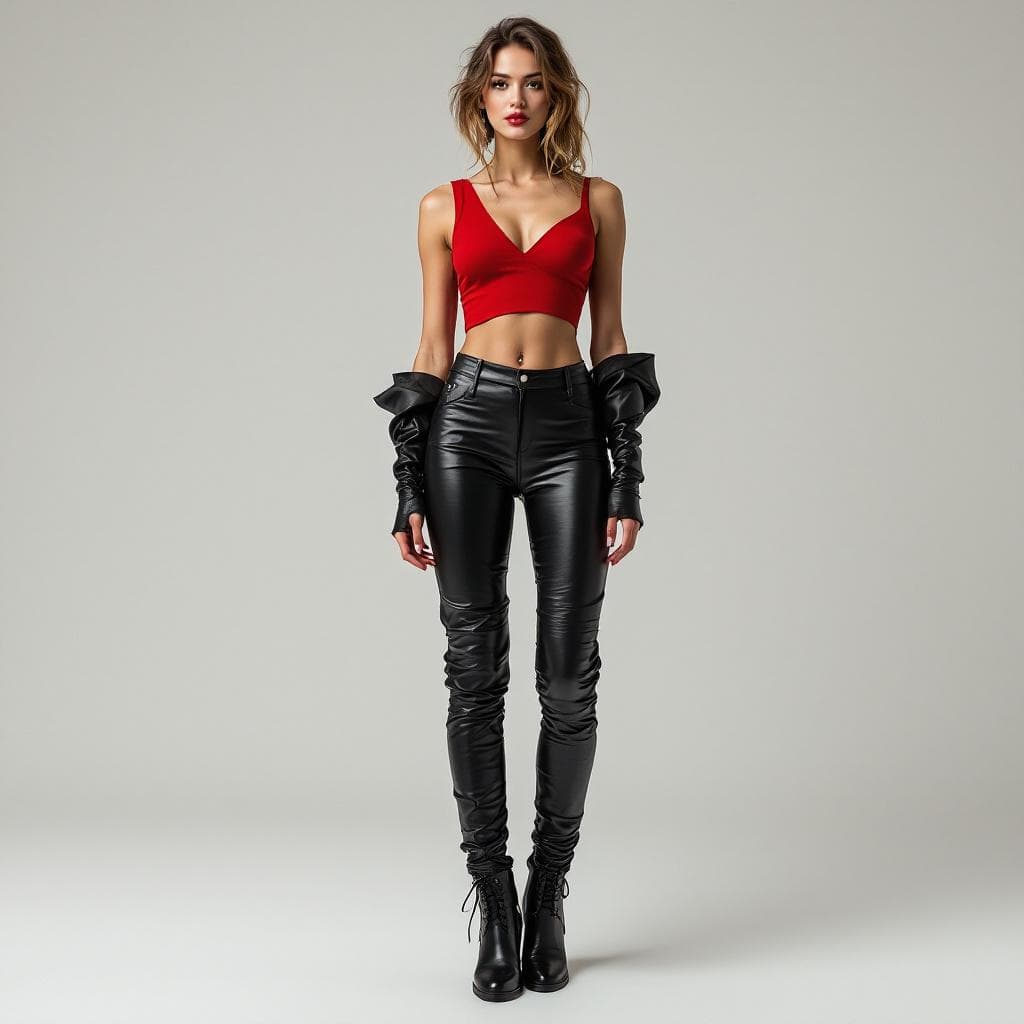 AI generated: Instagram model wearing black leather pants and a red top, full-body shot with a high-fashion magazi...