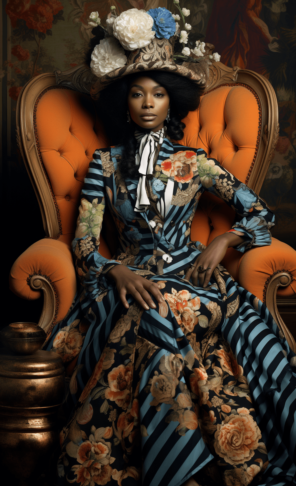 AI generated: a black woman wearing a crown in the background, a chequered floor, an antique sofa, floral patterns...