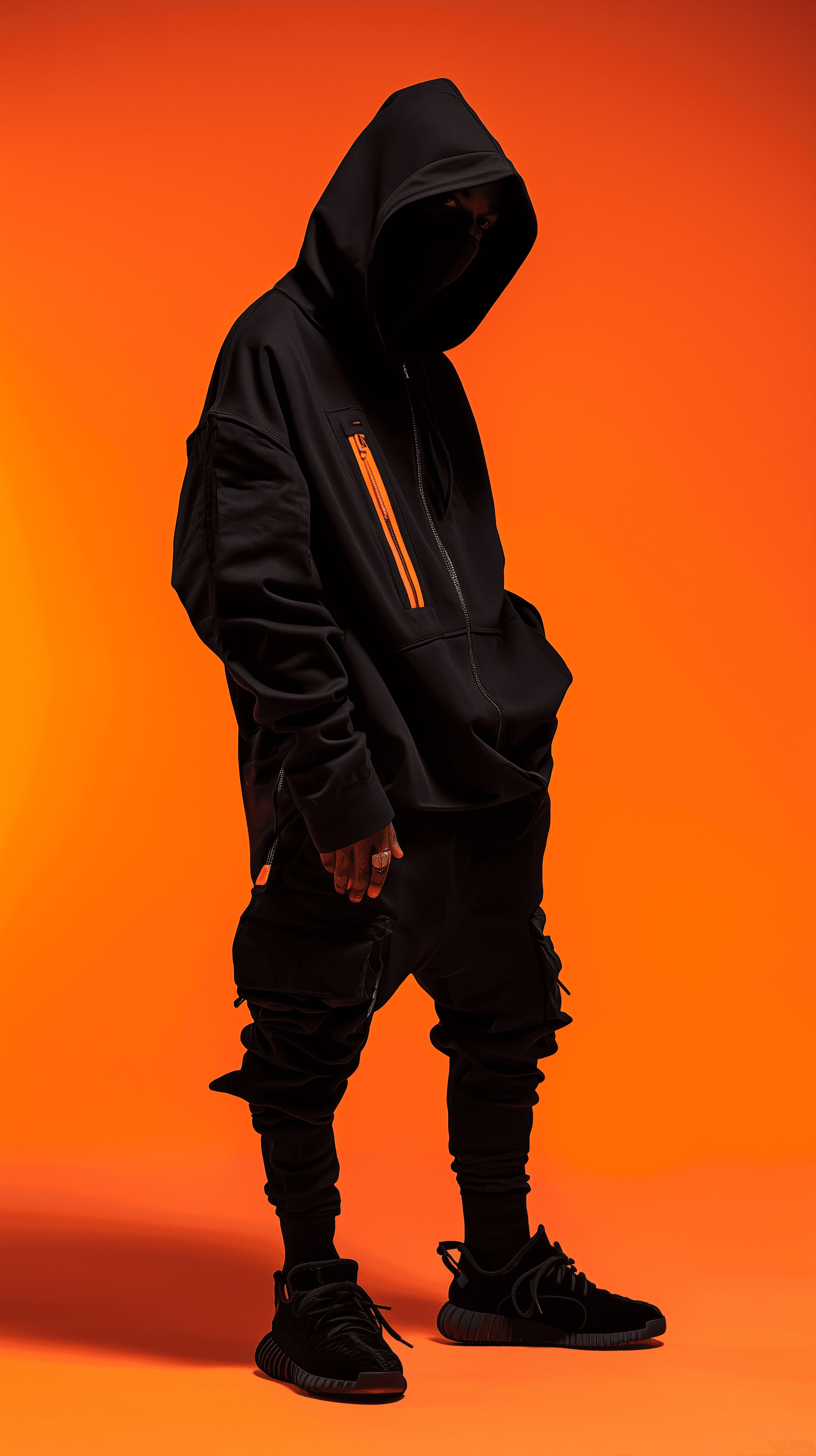 AI generated: urban street fashion male model, gaze, wearing a matte black oversized utility hoodie with orange ac...