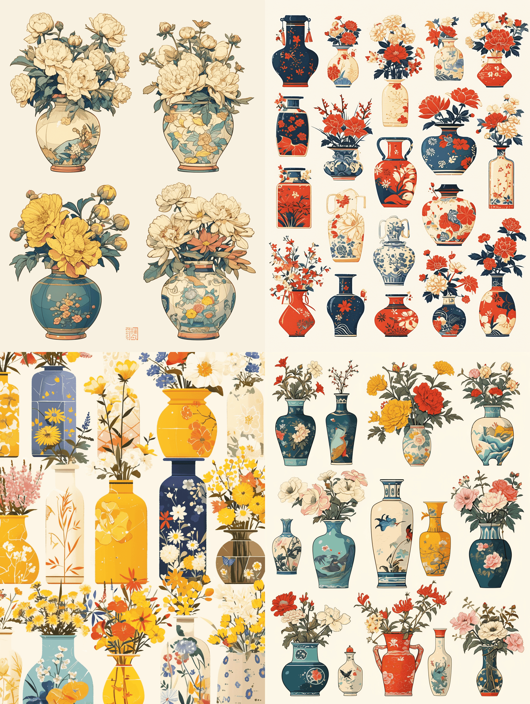 AI generated: a set of stickers，Flowers in Various vases , illustrations,white background, stickers, in the style ...