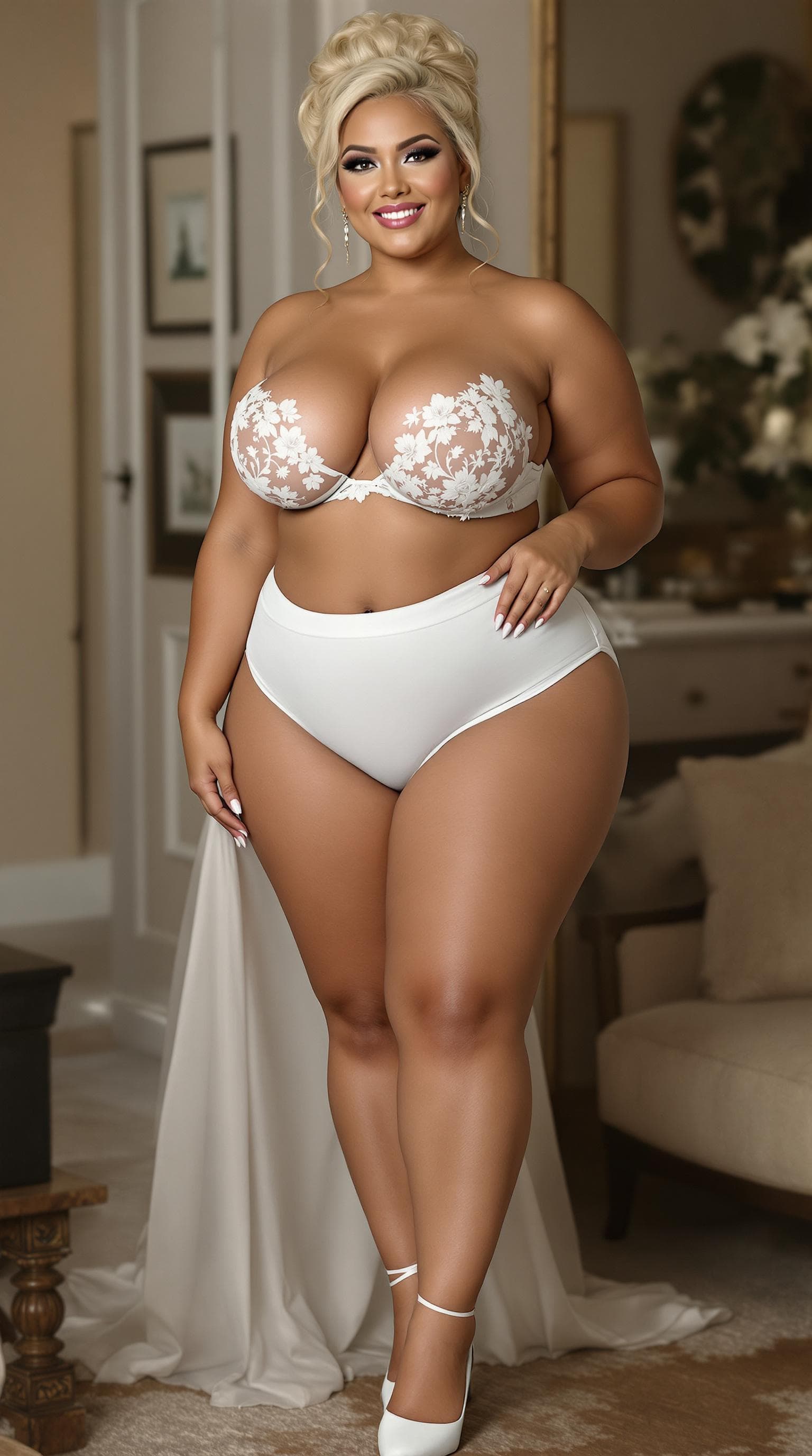 AI generated: a full side front view large puffy boobs beautiful black eyes plus size legs with high heels matched...