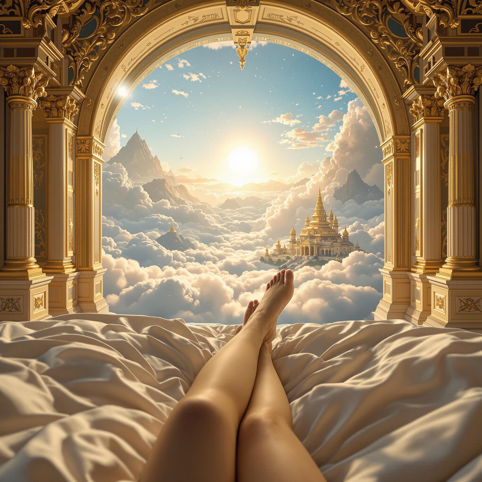 AI generated: Create a first-person perspective cinematic scene of waking up in heaven. The camera starts with a s...