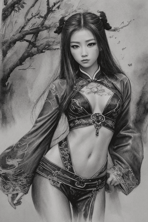 AI generated: sumi-e, traditional chinese ink art, charcoal sketch, watercolour, (in the style of Luis Royo:0.3, V...
