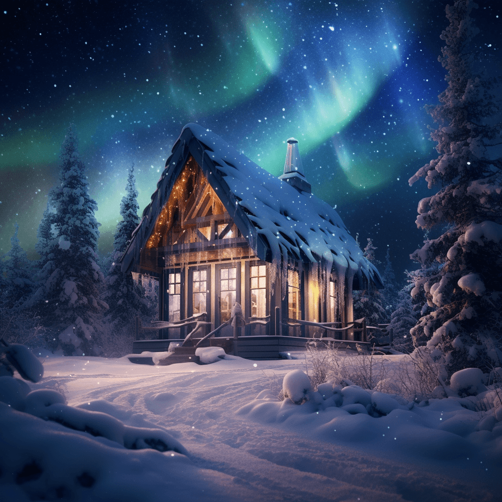 AI generated: photography of a fairytale hut, magically beautiful northern lights, brilliant white snow 