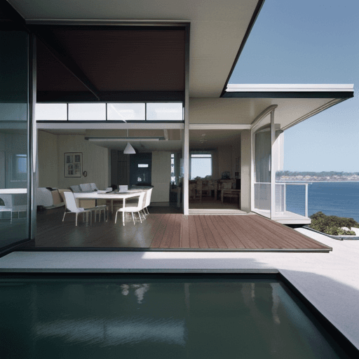 AI generated: Hyper realistic eye level exterior photo of a mid century modern style house overlooking the ocean, ...