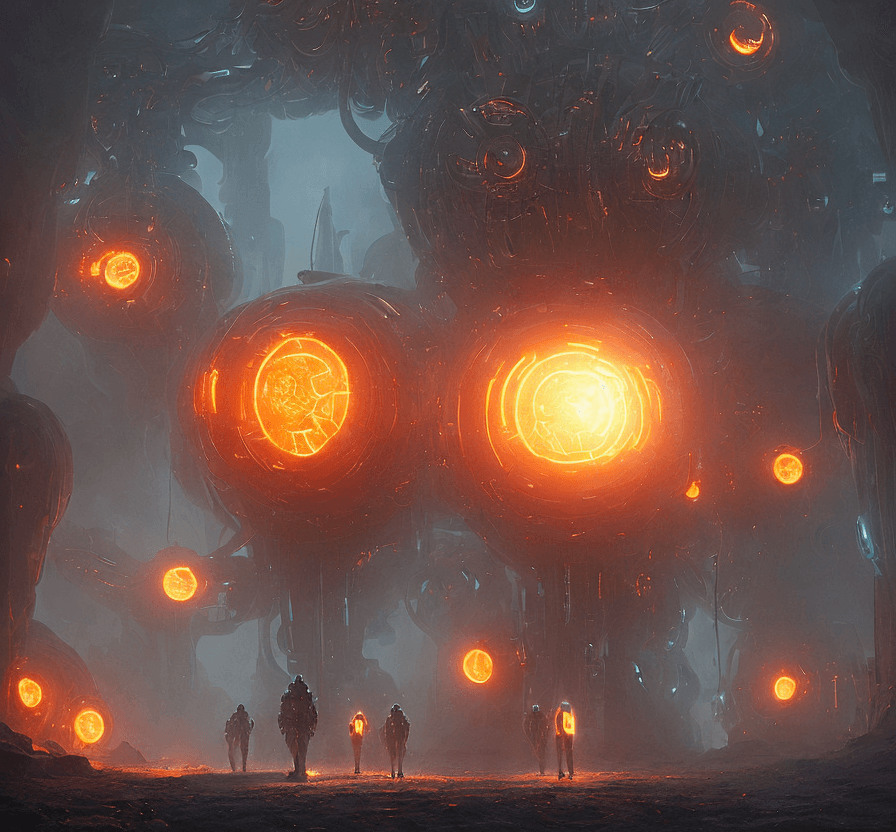 AI generated: 2 huge orange Mech are walking thru the fire   in the tight  corridor  in a futuristic Alien spacesh...