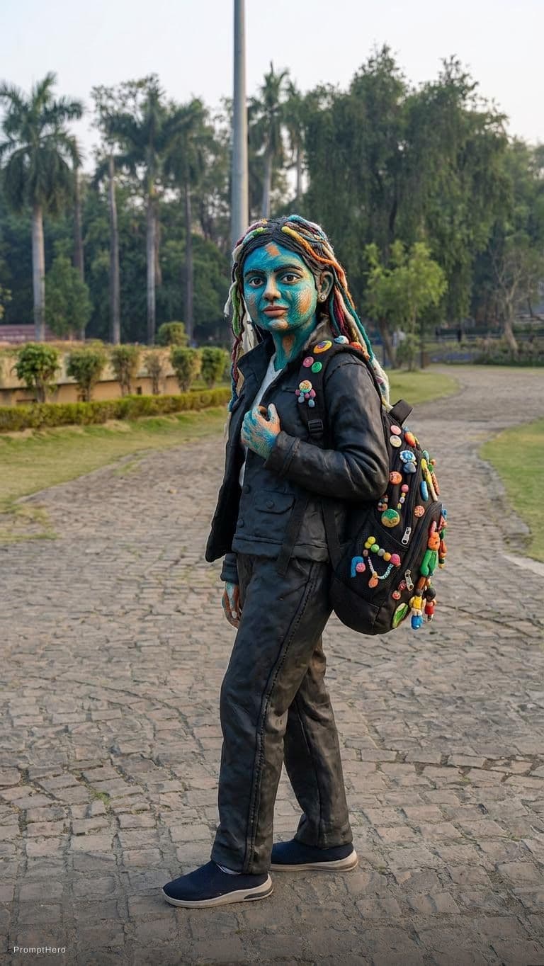 AI generated: hyperrealistic human mixed with handmade plasticine sculptures, tactile clay textures, weird art-sch...