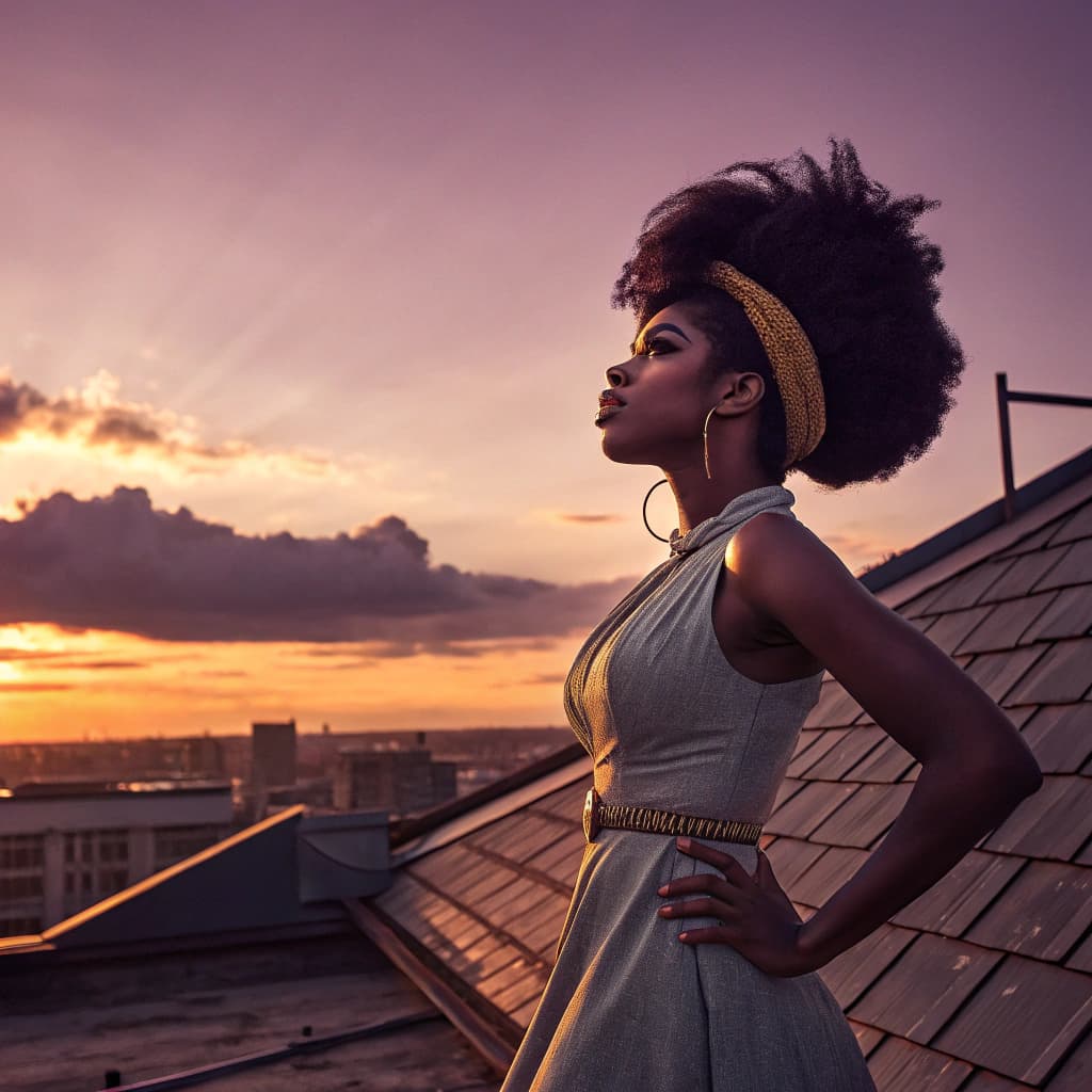 AI generated: a soulful Black woman resembling Amy Winehouse with iconic beehive hairstyle and winged eyeliner, st...