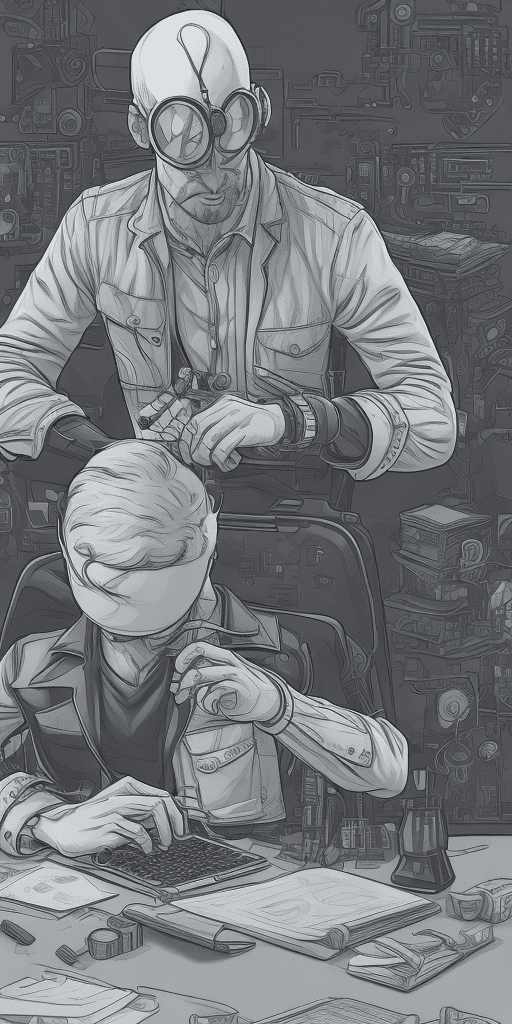 AI generated: A shockingly detailed monochromatic vector illustration of a software developer examining a laptop w...