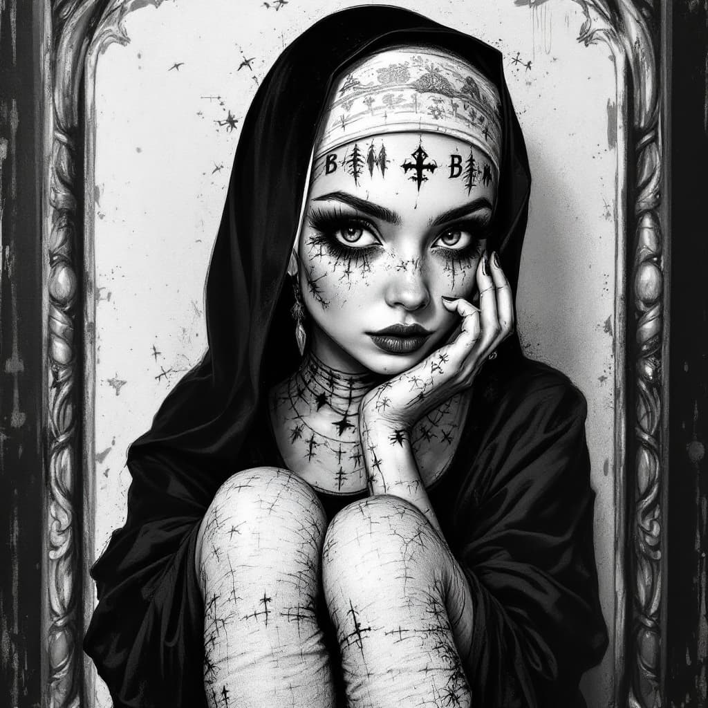 AI generated: An image of the babe nun with knee high socks on a white chalkboard, in the style of tattoo inspired...