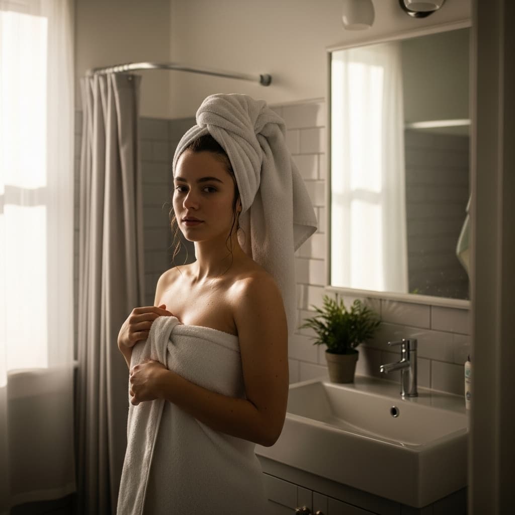 AI generated: A young woman in towels in a domestic bathroom, with soft natural lighting.