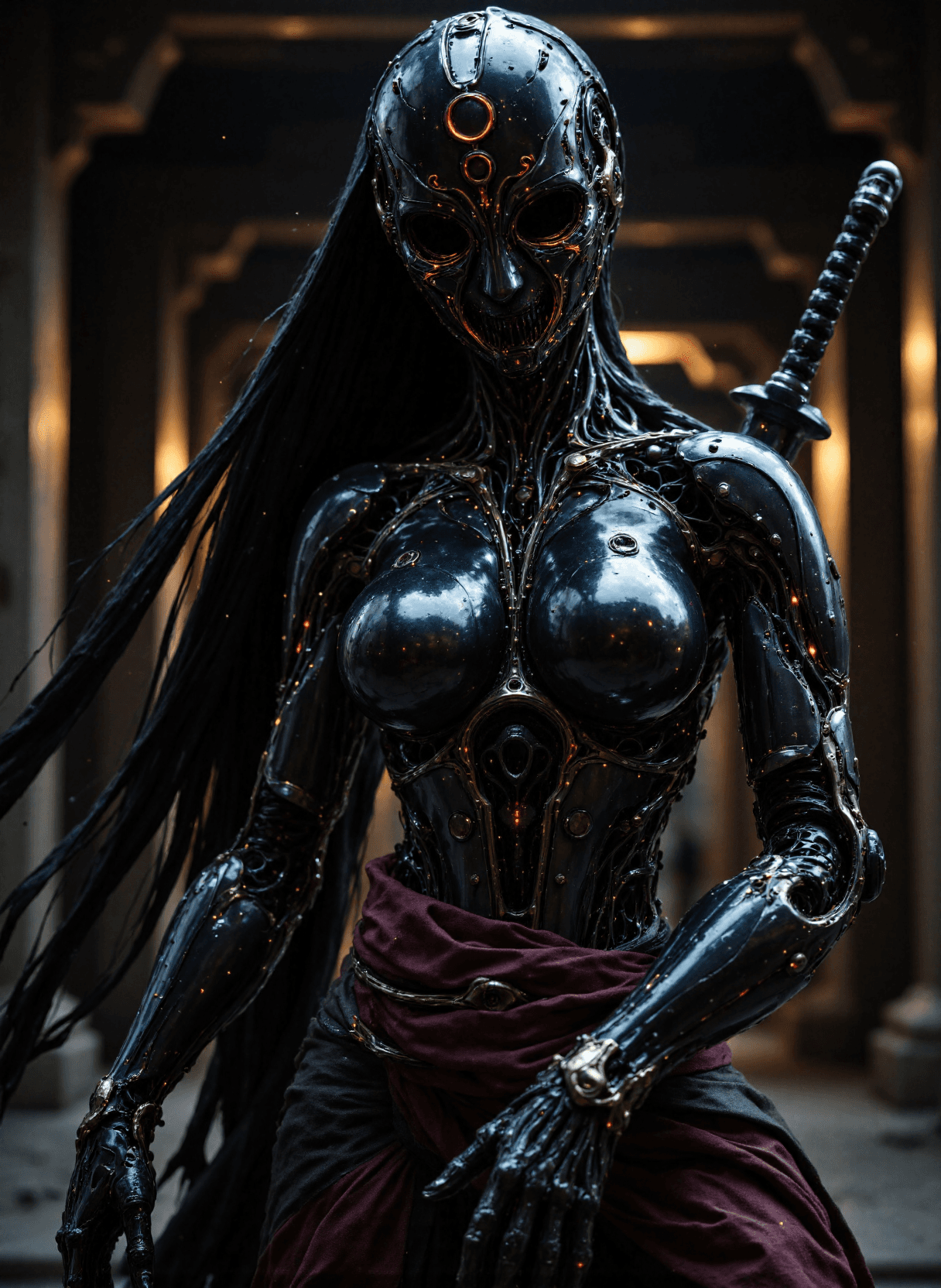 AI generated: The image depicts a highly detailed and stylized depiction of a ((humanoid woman ninja warrior robot...