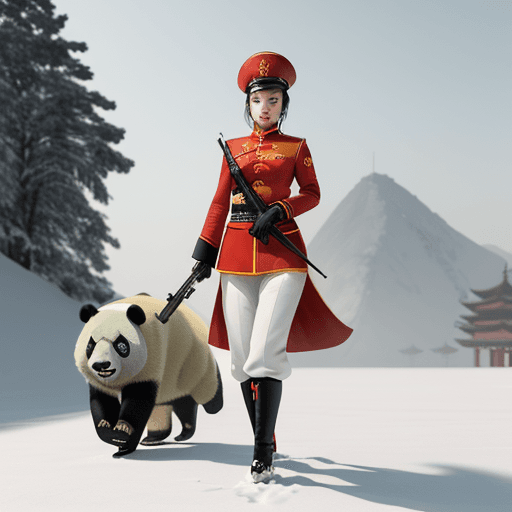 AI generated: Create A Very Beautiful Chinese Woman Soldier Walking On Snow Holding A Gun And Wearing China Army U...