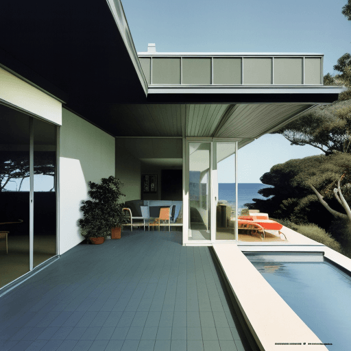 AI generated: Hyper realistic eye level exterior photo of a mid century modern style house overlooking the ocean, ...