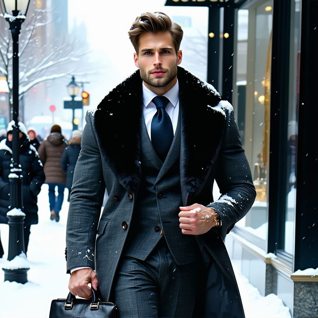 AI generated: Rich strong man without beard or mustache, dressed in an expensive suit with fur, walking down the s...