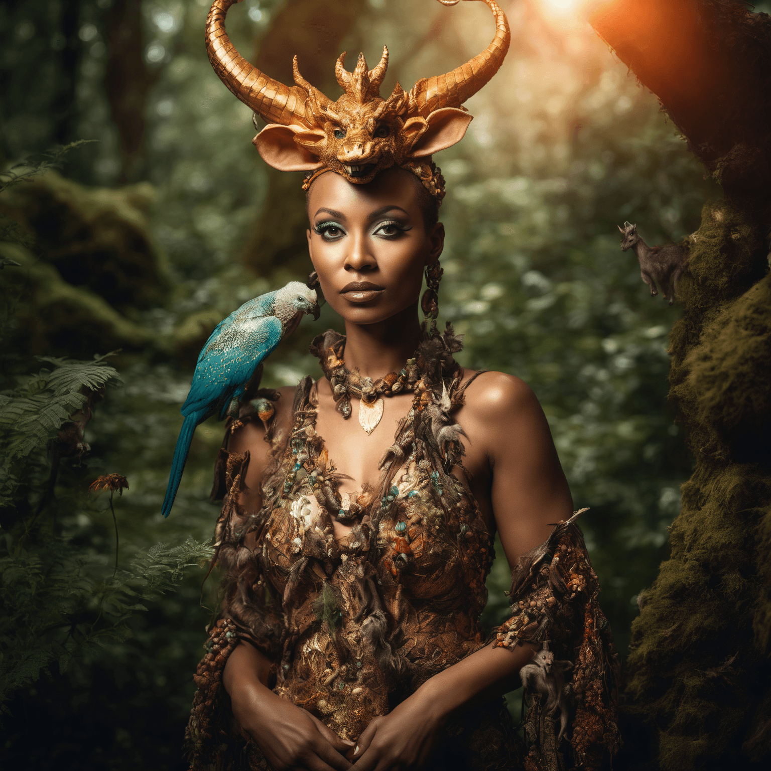 AI generated: close up potrait A fearless 35-year-old mythical beast tamer, adorned with exotic animal companions,...