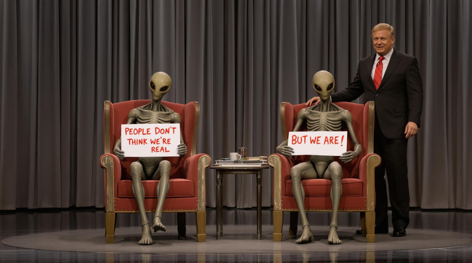 AI generated: on a stage there is 2 chairs, set out in the style of the Jerry Springer show, 1 highly realistic Al...