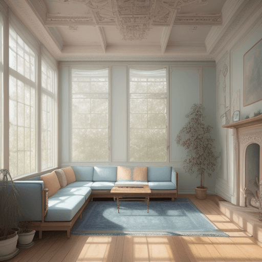 AI generated: High resolution photography interior design, dreamy sunken living room conversation pit, wooden floo...