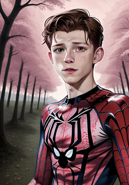 AI generated: Tom Holland caricature with spider clothes, landscape pink trees in silence forest with heart shape ...